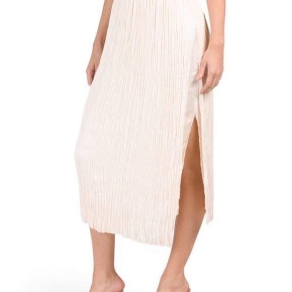 Pleated Silk Effect Side Slits Cream Midi Skirt